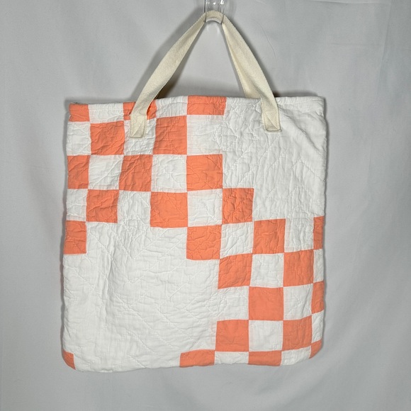 Handmade Quilted Cotton Tote Checker Patchwork Peach Coral Large Grannycore - Picture 7 of 8